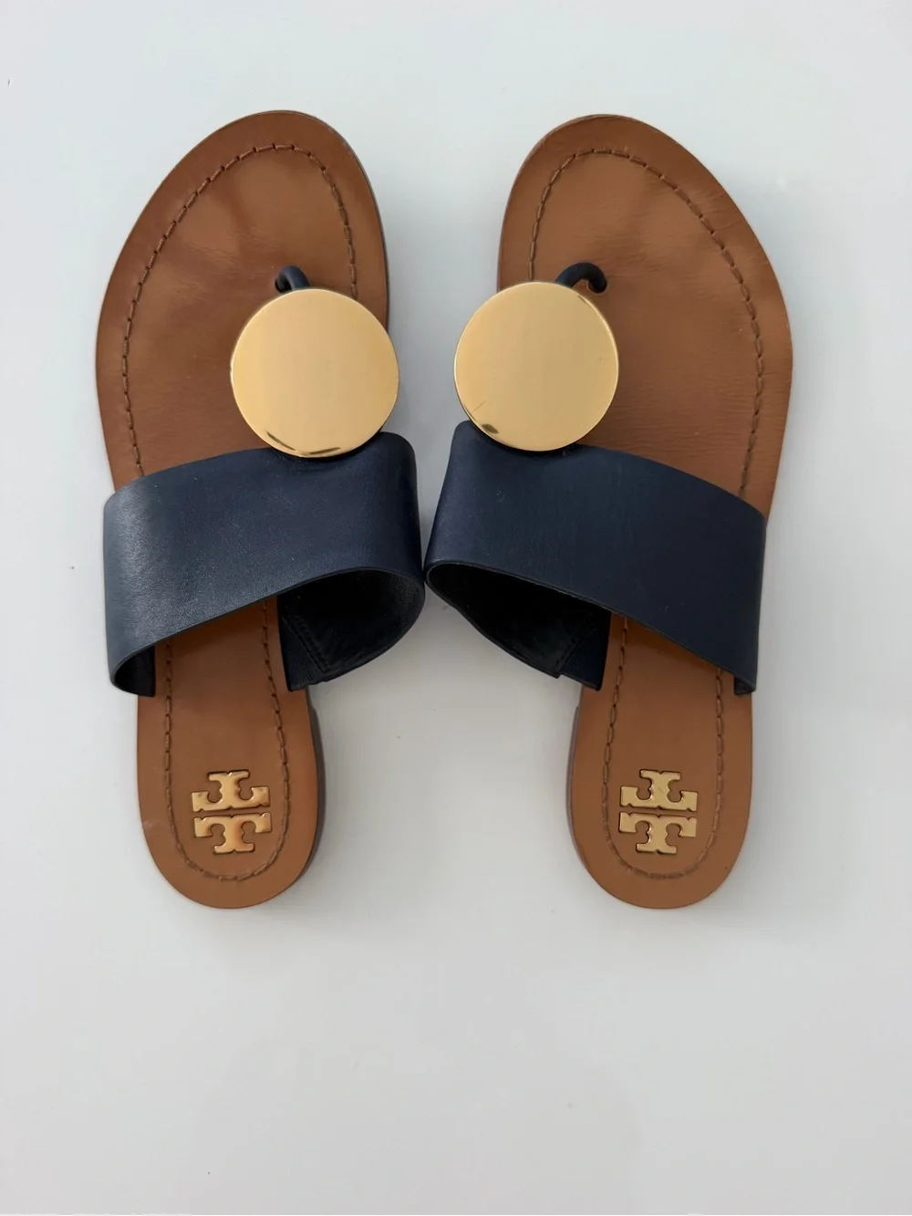 Tory Burch Patos Disk Sandals Navy Gold Leather Size 7M